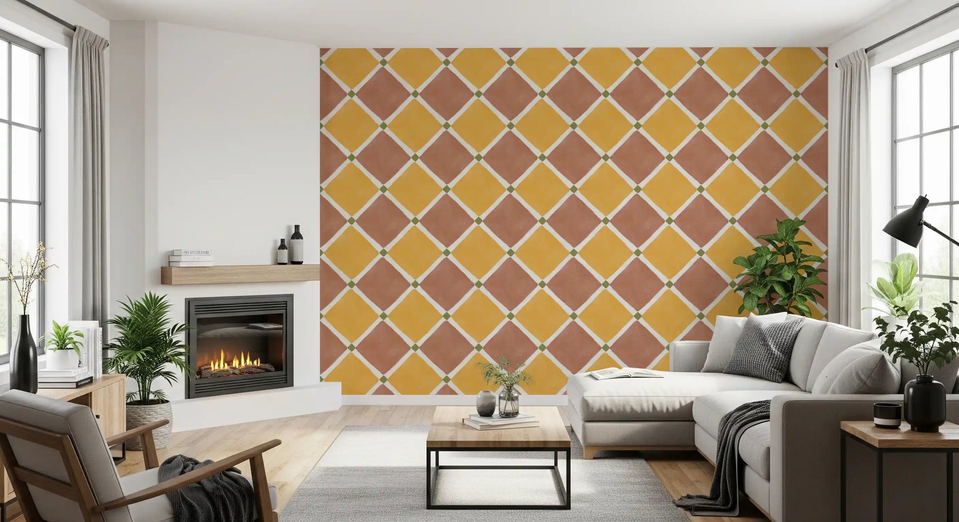 Hallway show depth through structured checker tile Terracotta wallpaper style