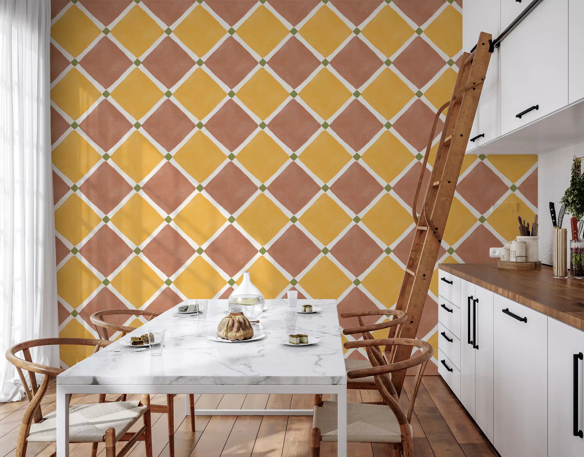 Wooden furniture pairs naturally with warm yellow tile Kitchen