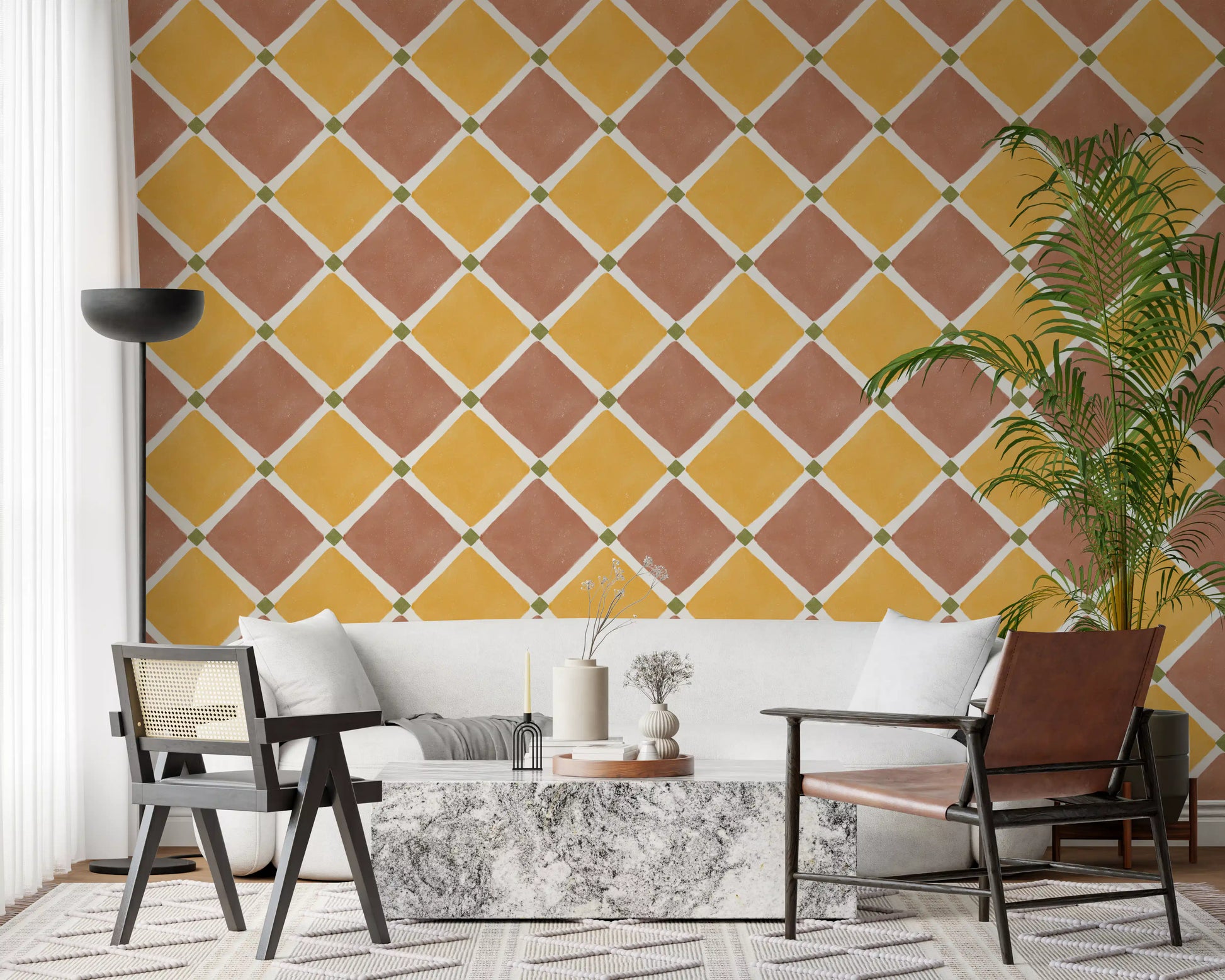 Living backdrop stands out with bold yellow terracotta geometric pattern