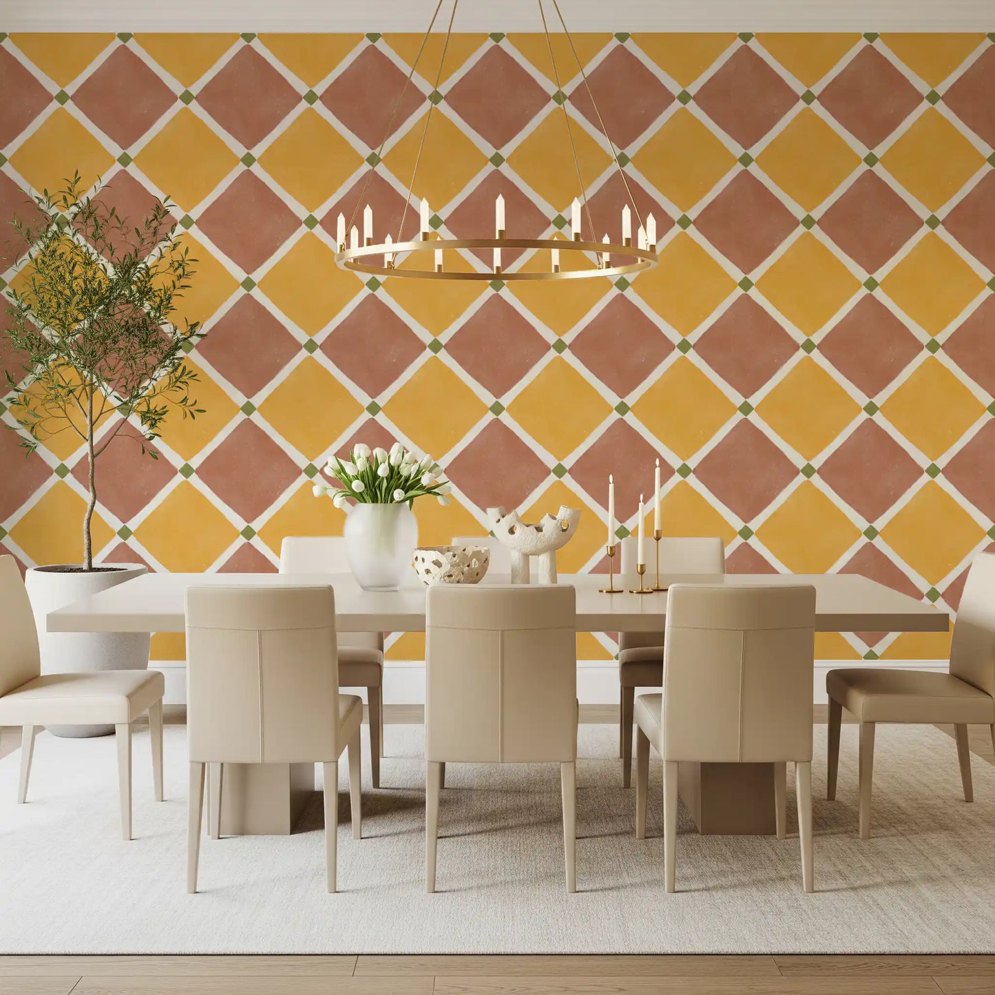 Yellow diamond wallpaper adds brightness to a Dining room 