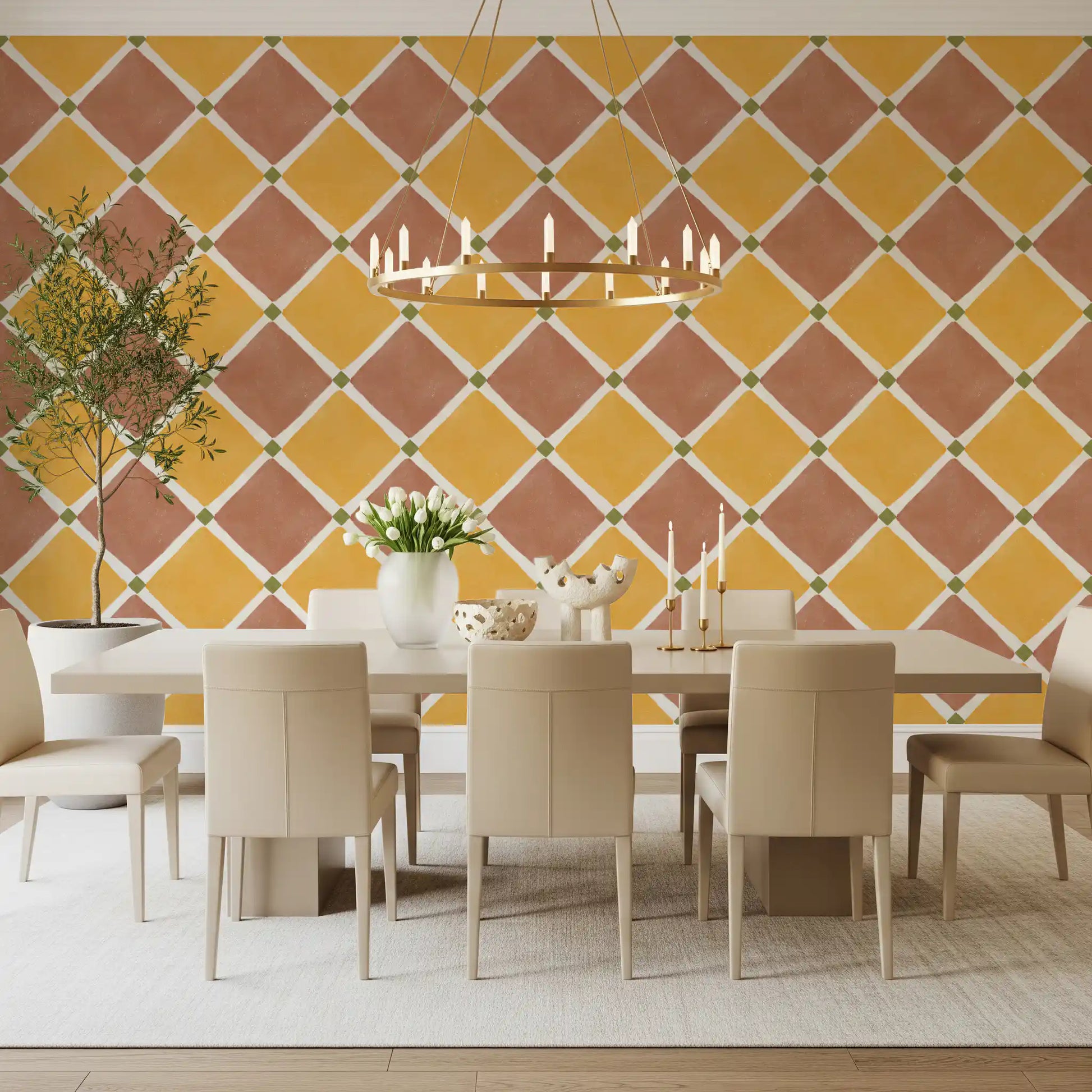 Yellow diamond wallpaper adds brightness to a Dining room 