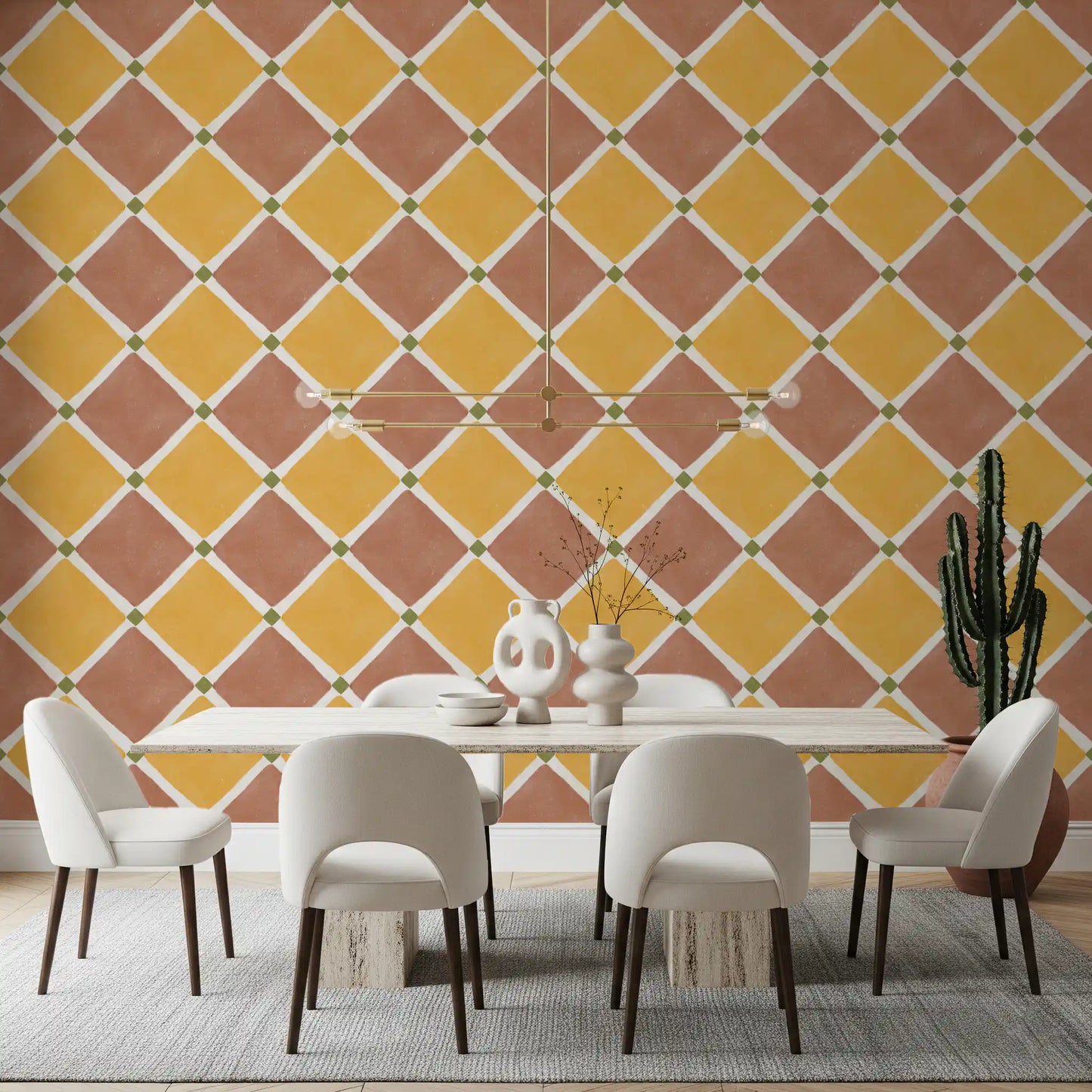 Dining space gains character with Mediterranean checkerboard wallpaper layout
