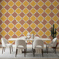 Dining space gains character with Mediterranean checkerboard wallpaper layout
