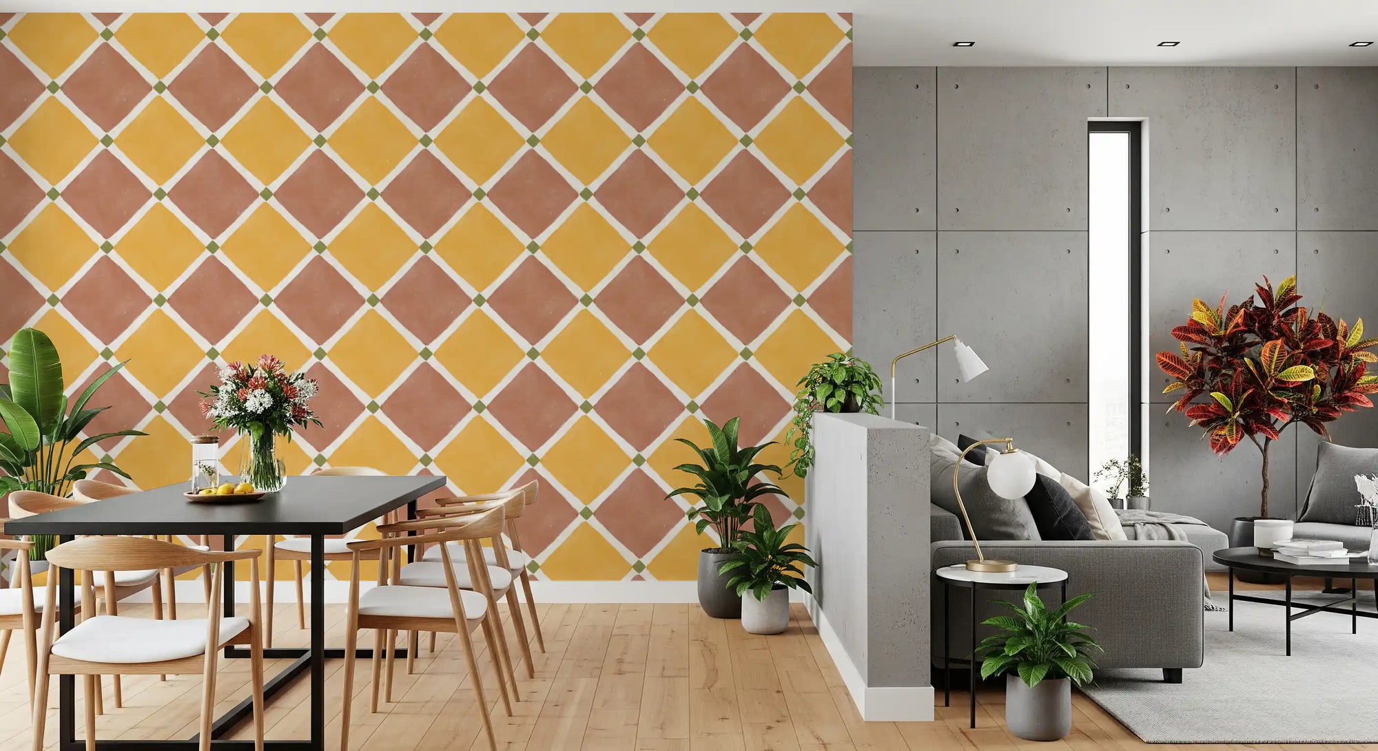 Terracotta yellow checkerboard wallpaper brings warmth to a modern Dining area