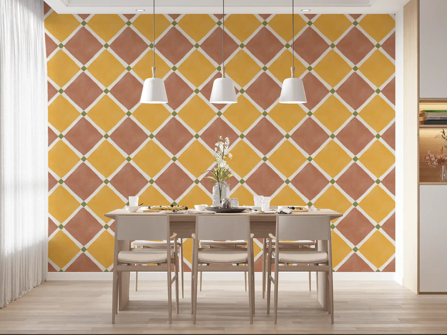 Dining space interior reflects classic charm with rustic patterned tile wallpaper