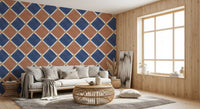 Deep terracotta blue wallpaper bringing a vibrant geometric focus to a Living room.