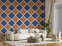 Rustic Mediterranean checkerboard wallpaper adding warmth to a serene neutral hallway.