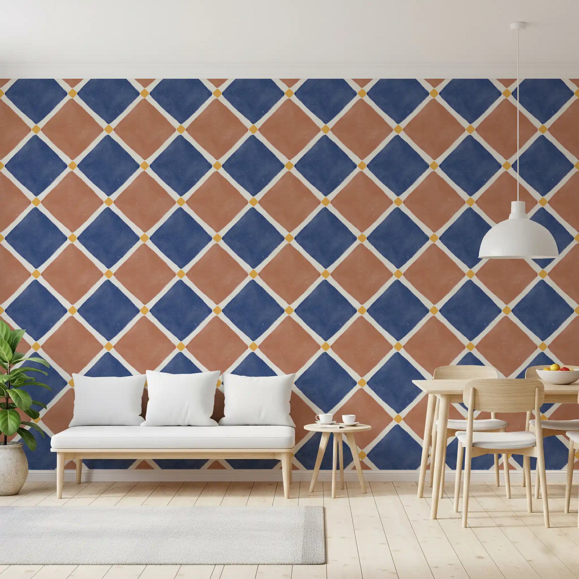 A striking dining room covered in the textured terracotta blue wallpaper pattern.