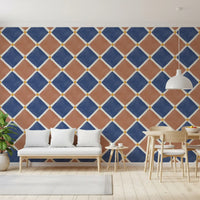 A striking dining room covered in the textured terracotta blue wallpaper pattern.