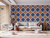 Blue and terracotta checkerboard wallpaper providing a relaxing feel in a Living space.