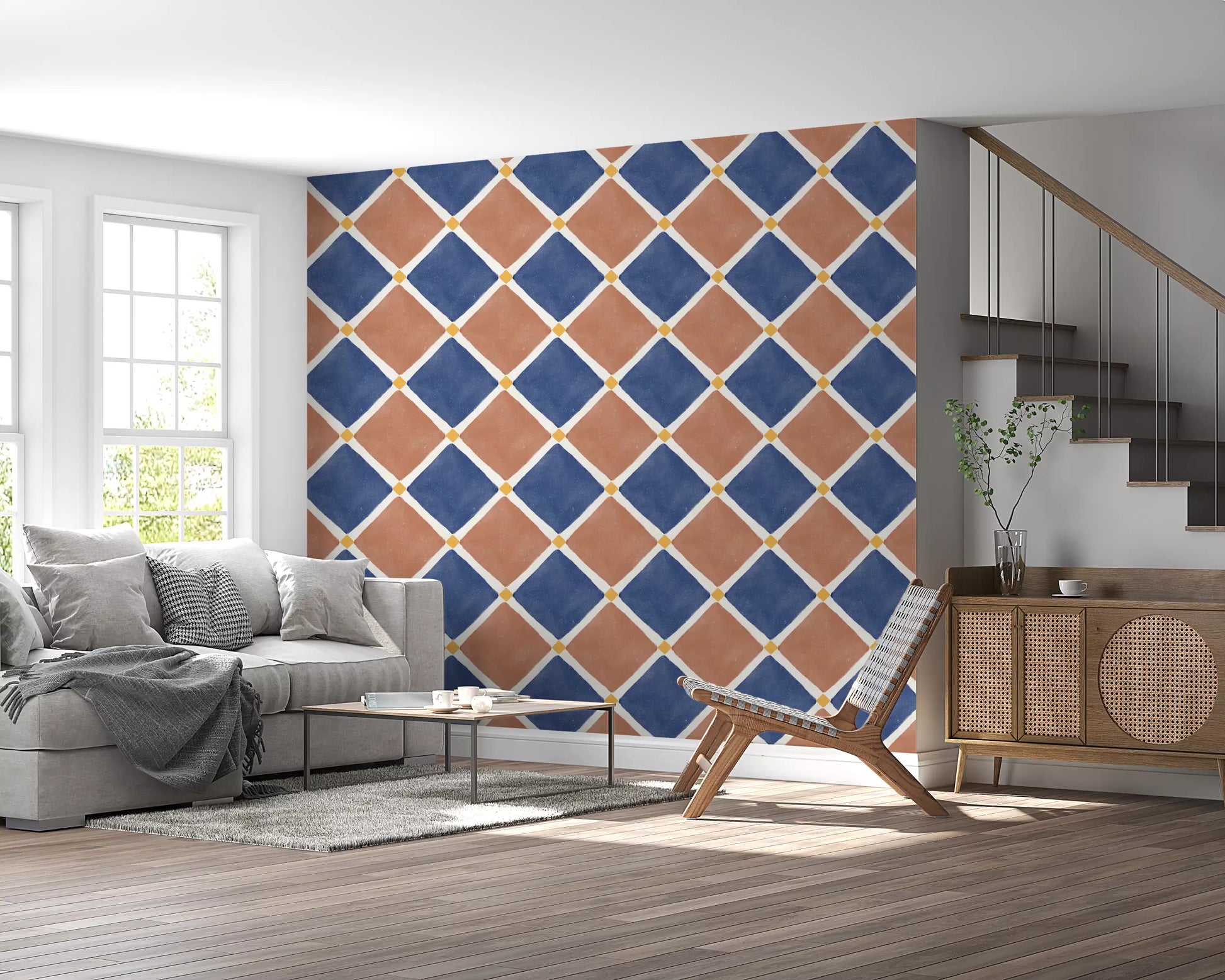 Mediterranean rustic checkerboard wallpaper enhancing natural light in a entryway.