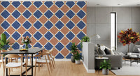 Vintage tile pattern wallpaper complementing wooden fixtures in a spacious Dining and living room.