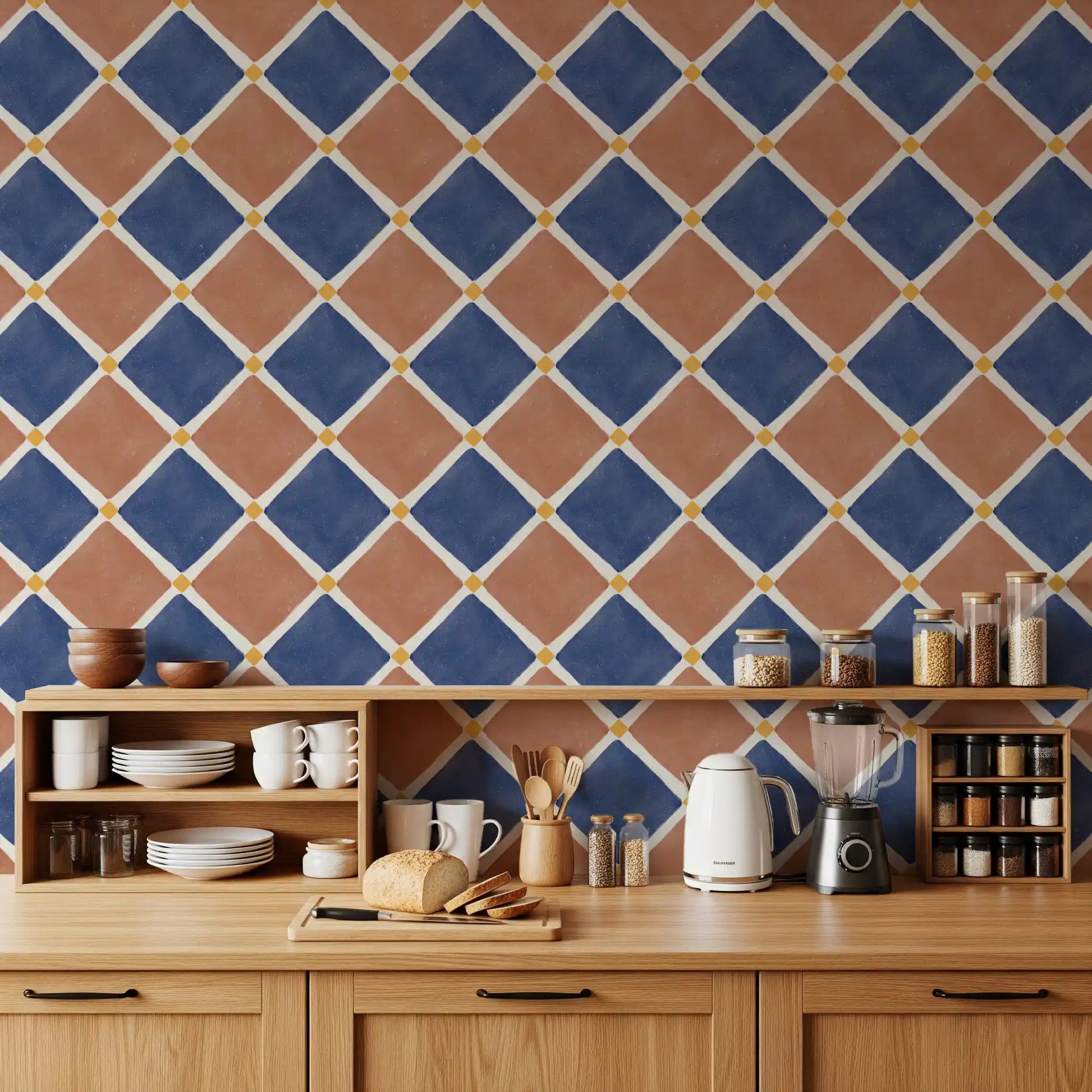 This terracotta blue wallpaper grounds the furniture beautifully in a Kitchen area.