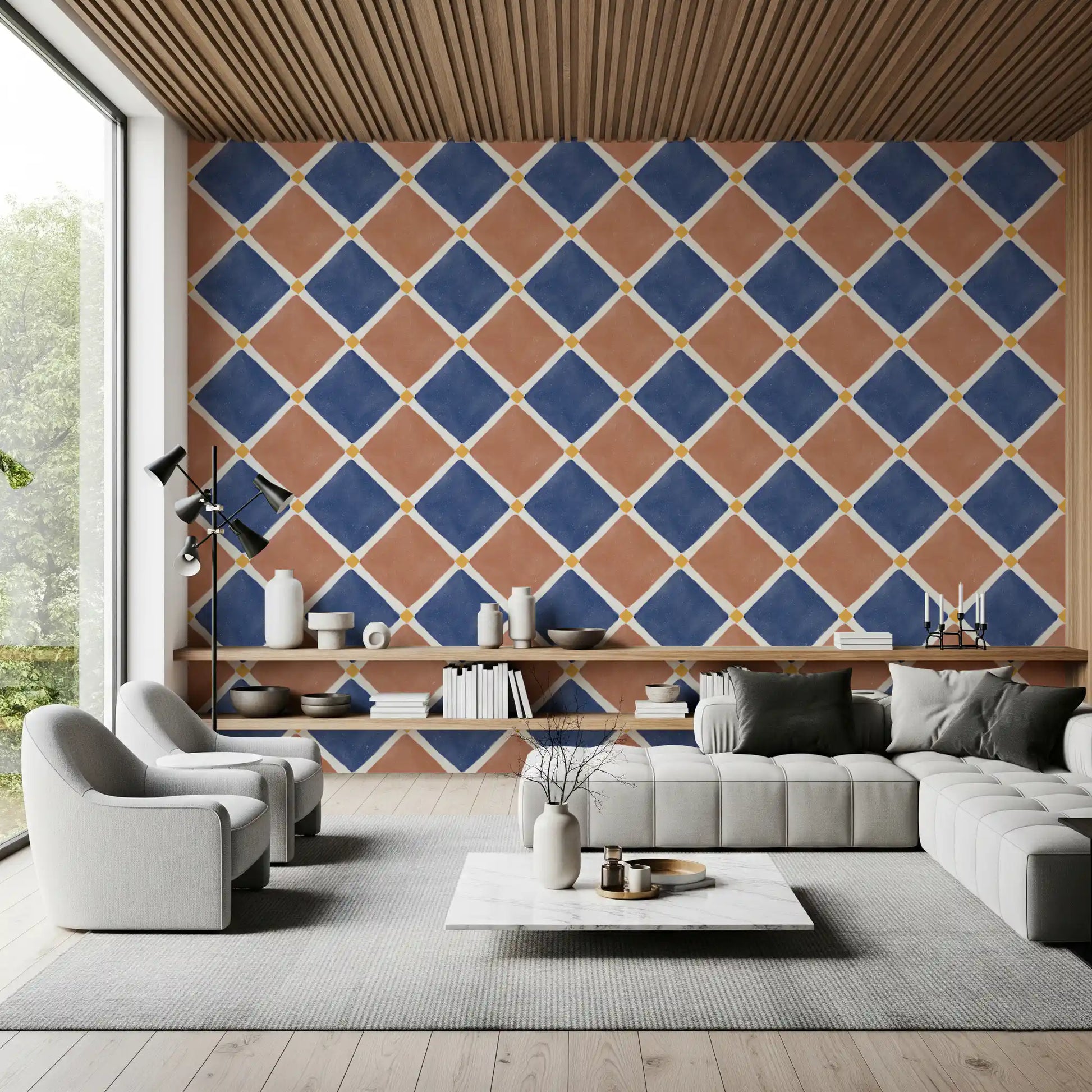 Aged decoration wallpaper offering an earthy backdrop for a productive home office.