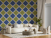 Mediterranean rustic checkerboard wallpaper enhancing the light in a sunny hallway.