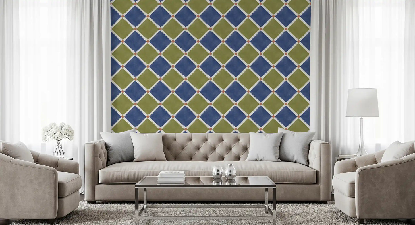 Mediterranean checkerboard wallpaper providing a vintage feel for a sunny Living area.