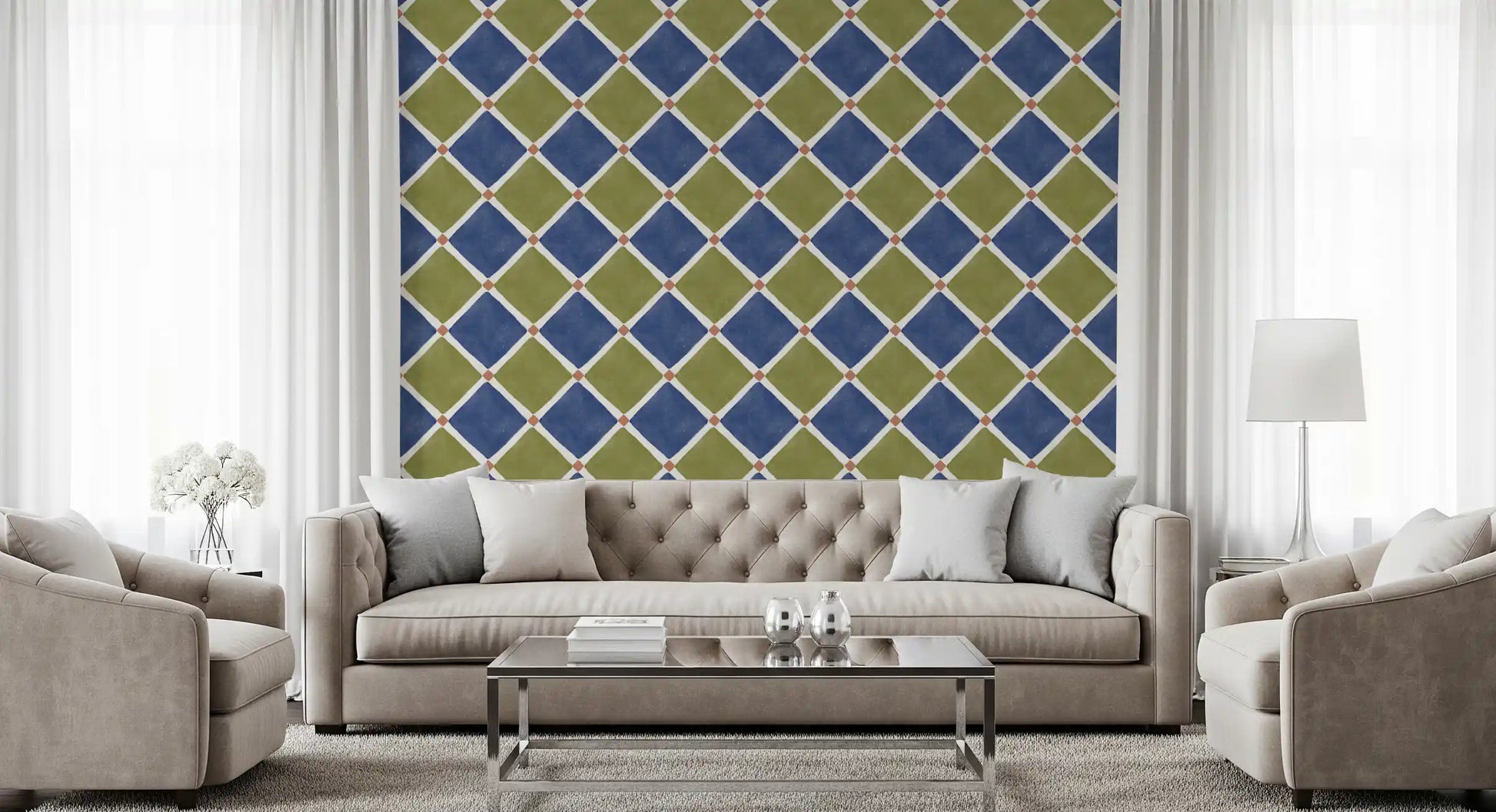 Mediterranean checkerboard wallpaper providing a vintage feel for a sunny Living area.