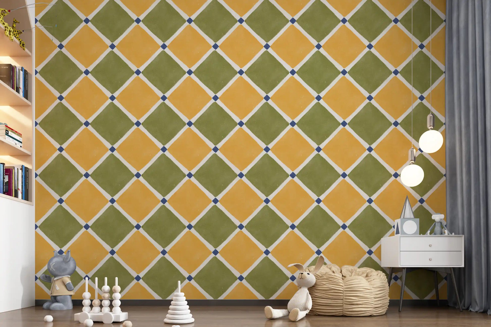 Aged decoration wallpaper bringing rustic tile vibes to a welcoming nursery.