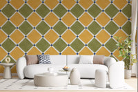 Mediterranean rustic checkerboard wallpaper warming up a modern living room.