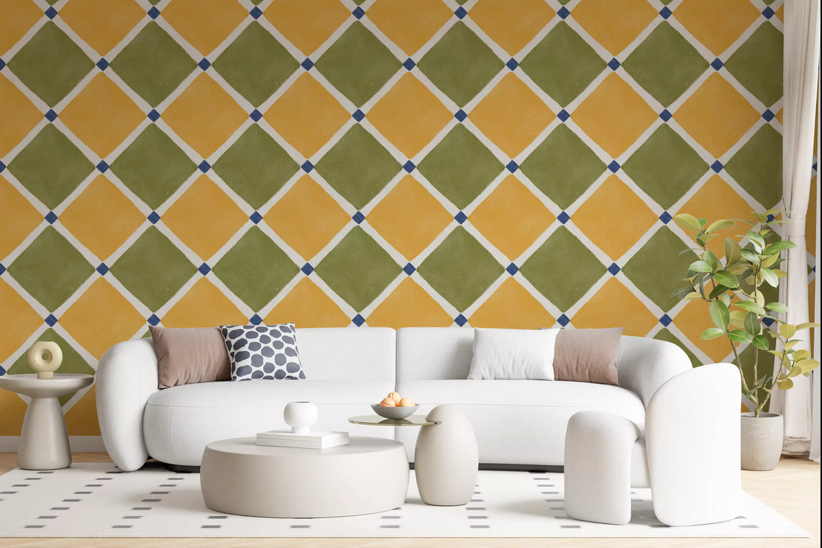 Mediterranean rustic checkerboard wallpaper warming up a modern living room.
