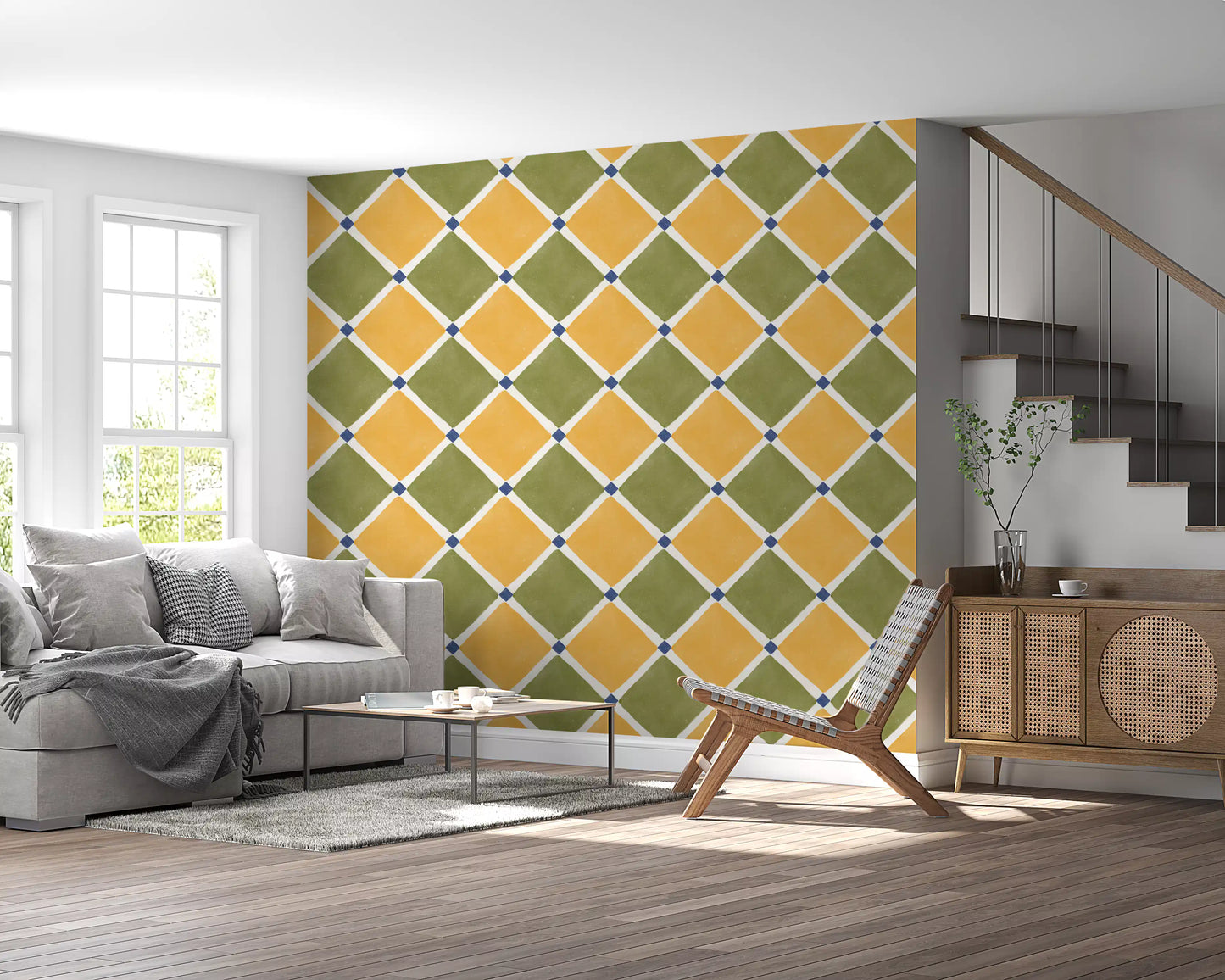the entryway with this yellow and olive checkerboard wallpaper.