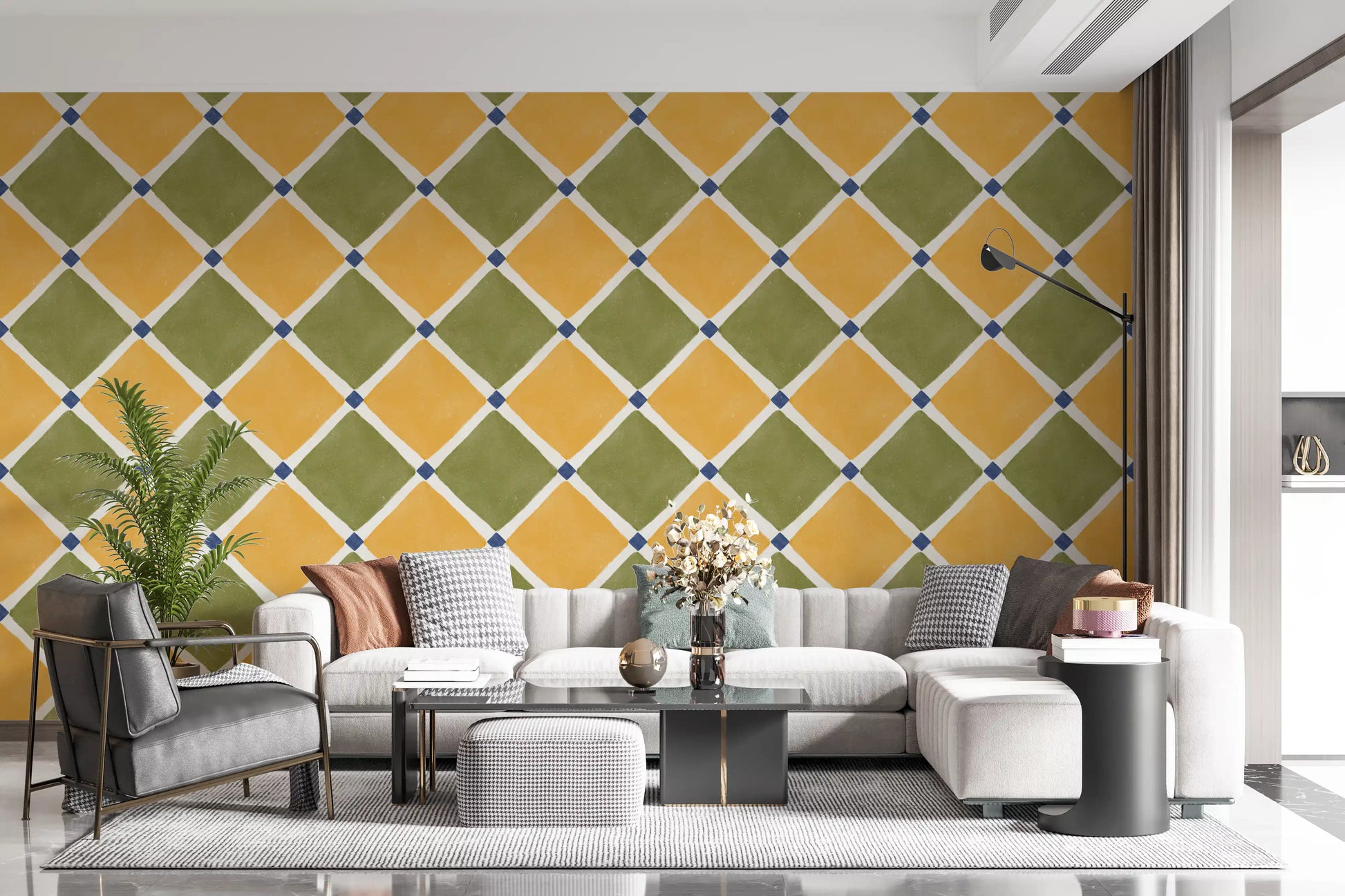 Mediterranean checkerboard wallpaper providing a vintage feel for a sunny Living area.