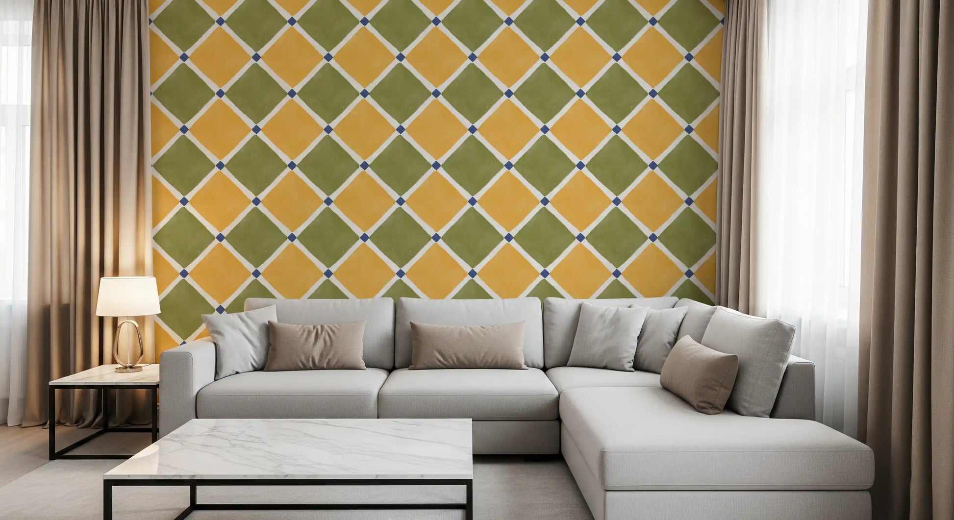 Mustard yellow and olive green shapes fill this diagonal checkerboard wallpaper.