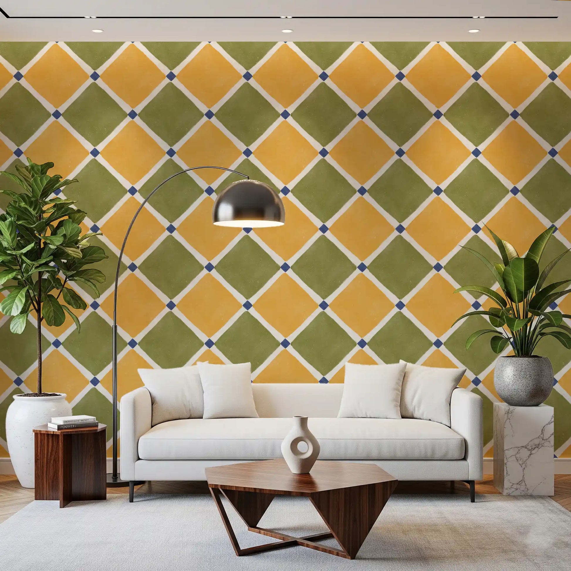 Yellow and olive tile wallpaper creating a cozy atmosphere in a living room.
