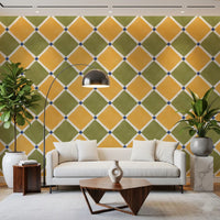 Yellow and olive tile wallpaper creating a cozy atmosphere in a living room.