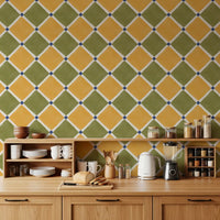Kitchen featuring the yellow olive Mediterranean checkerboard wallpaper.