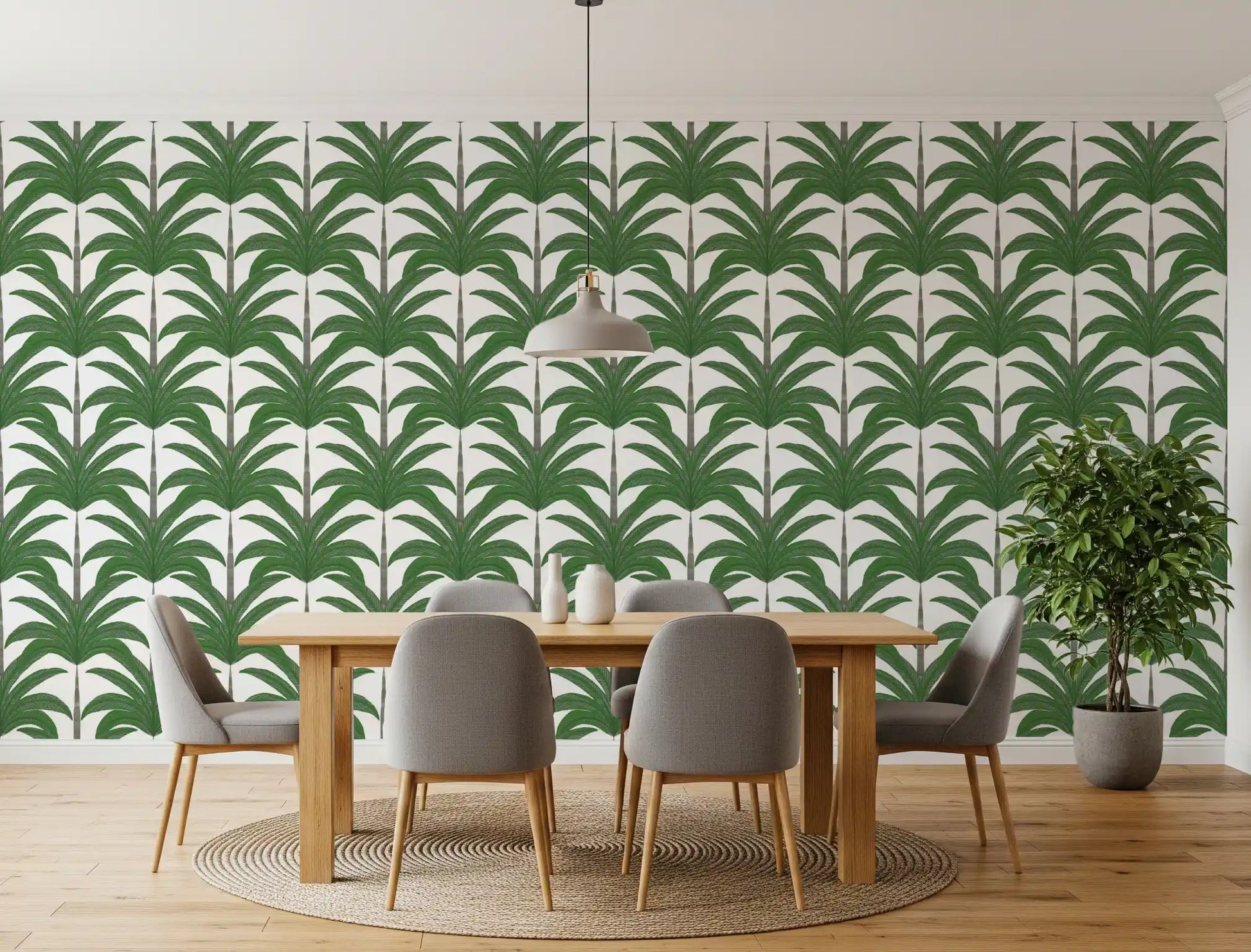 Vibrant green botanical shapes on a wallpaper perfect for a Dining room 