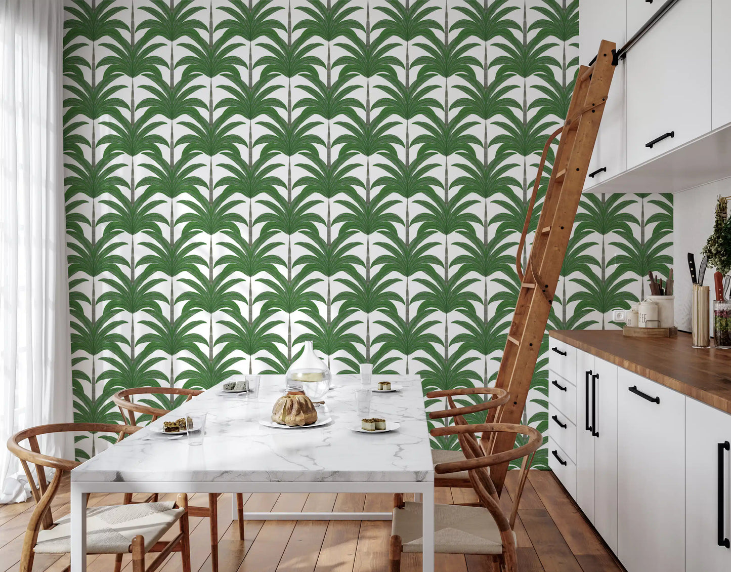 Frond Rhythm green palm wallpaper adding a relaxing touch to a bright Kitchen.