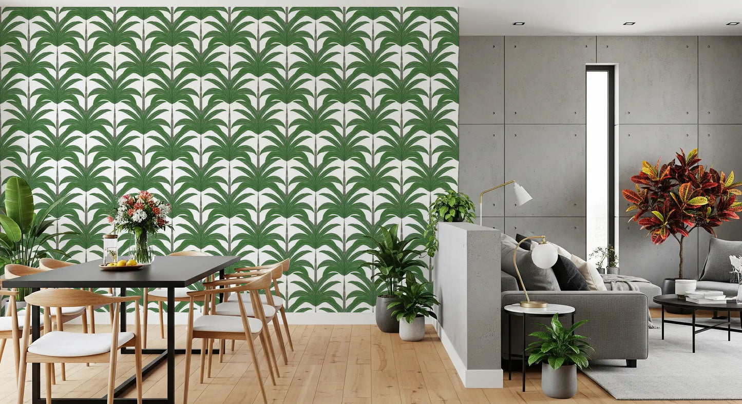Dining and living roon in this lush Tropical Frond Rhythm wallpaper.