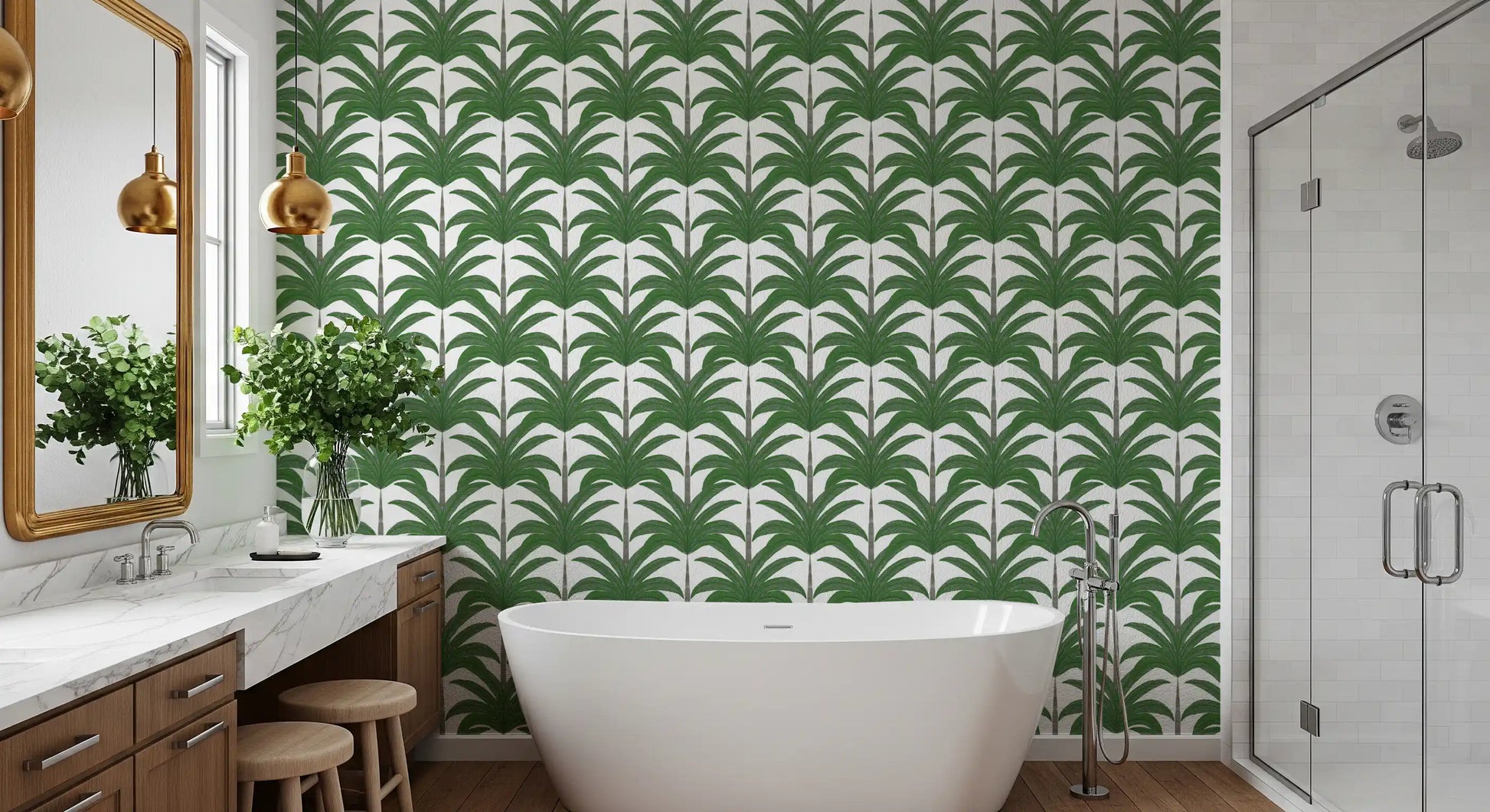 Tropical Frond Rhythm wallpaper creating a fresh backdrop in a modern bathroom.