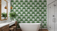 Tropical Frond Rhythm wallpaper creating a fresh backdrop in a modern bathroom.
