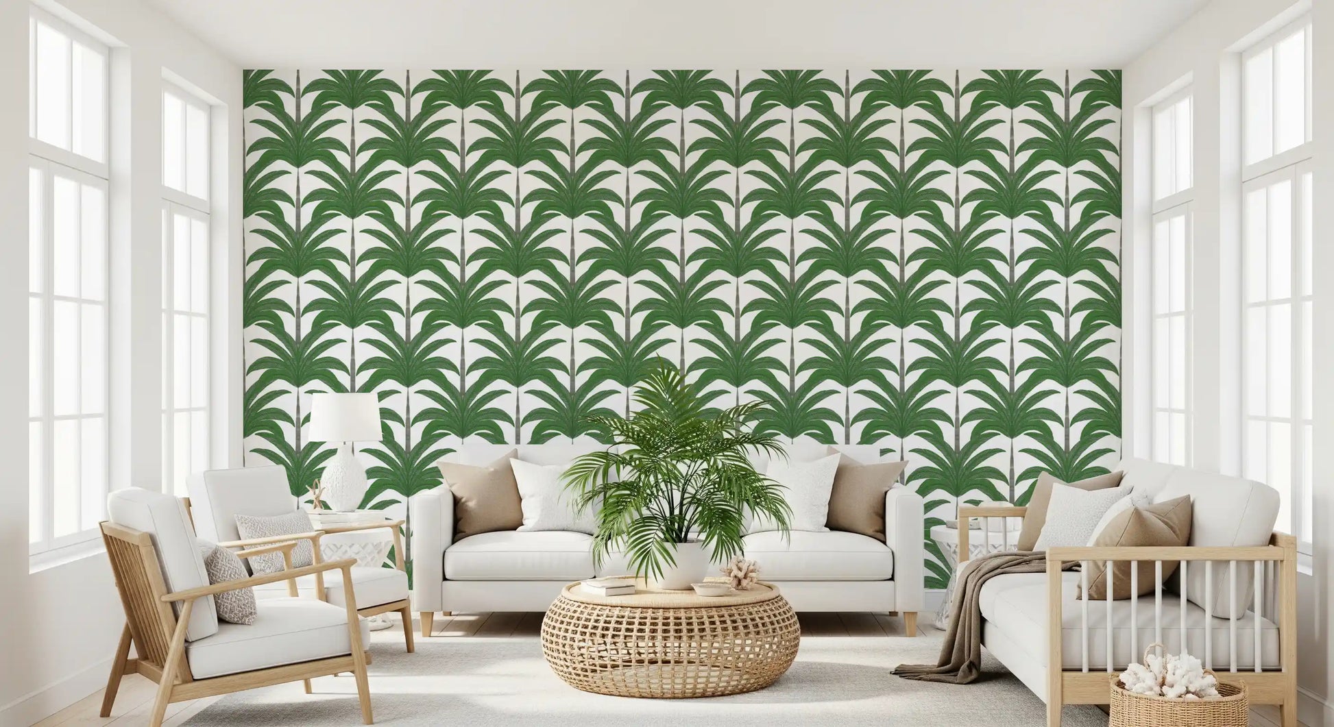 Tropical Frond Rhythm wallpaper providing an organic feel for a Living Room.