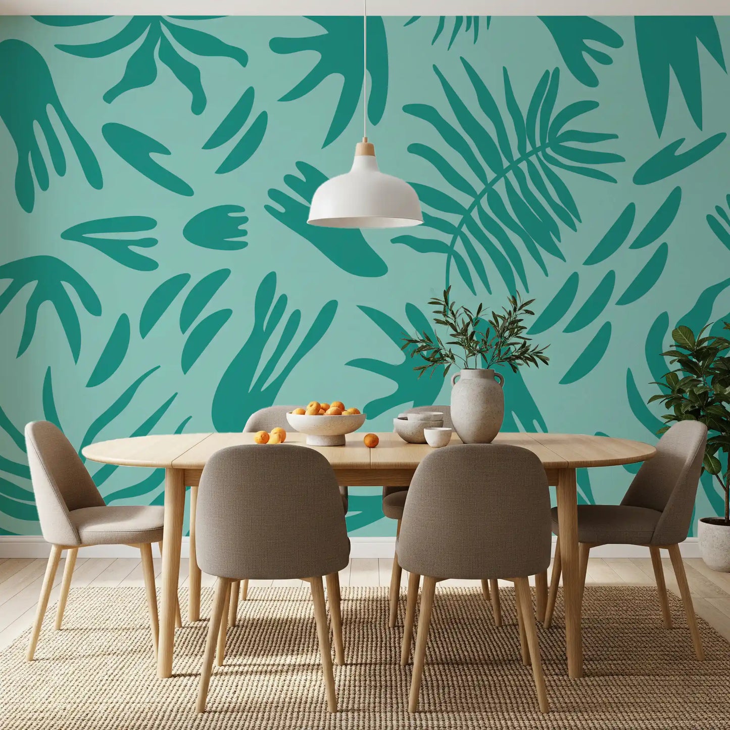 Teal abstract leaf wall mural adding a soothing touch to a minimalist Dining room.