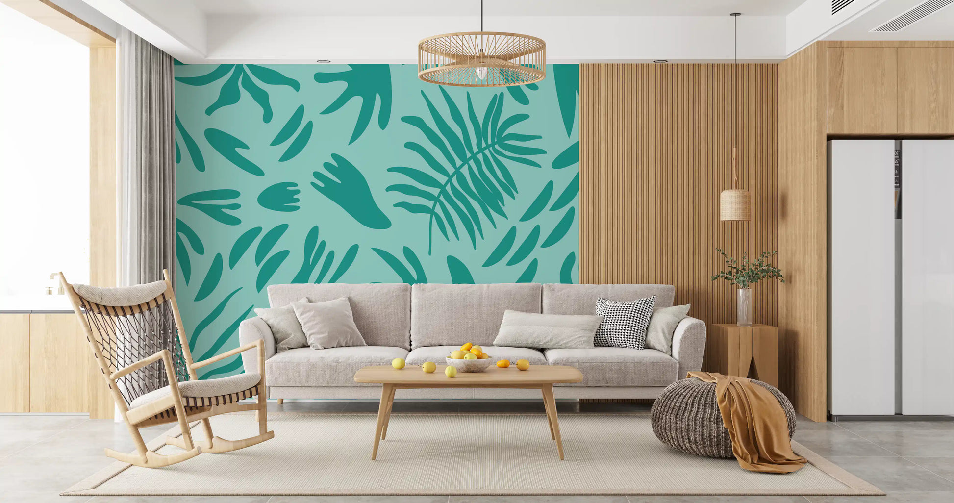 Living room background featuring a modern aqua and teal wall mural.