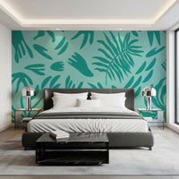 Aqua botanical flow wall mural completing the look of a relaxed Bedroom area.