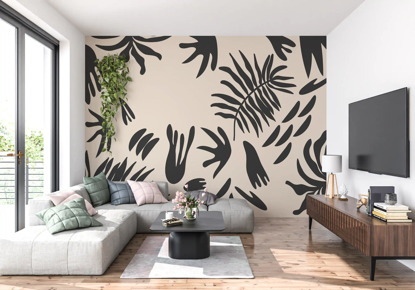 Fern leaf wall mural adding contrast to a entryway with neutral furniture