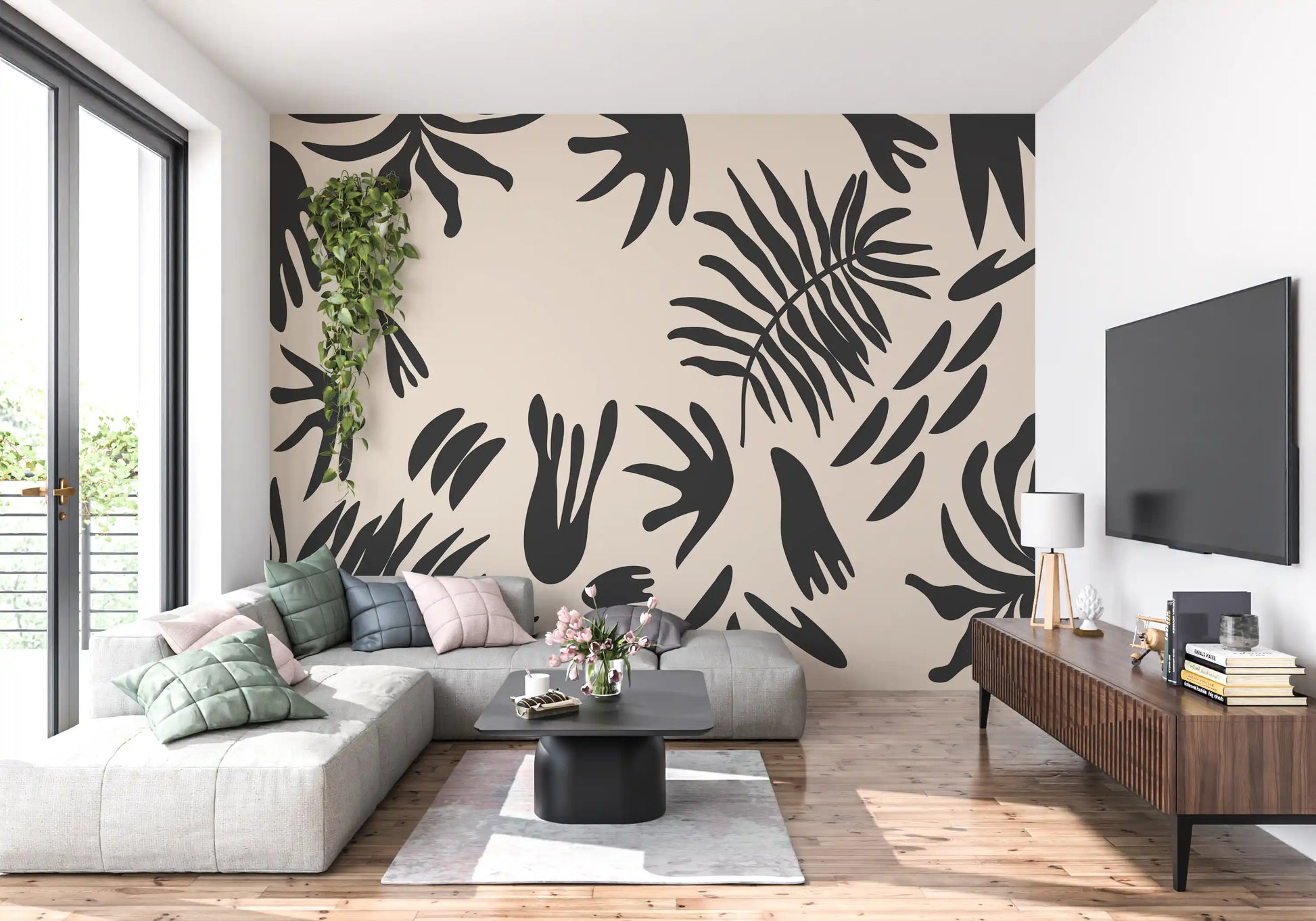 Fern leaf wall mural adding contrast to a entryway with neutral furniture
