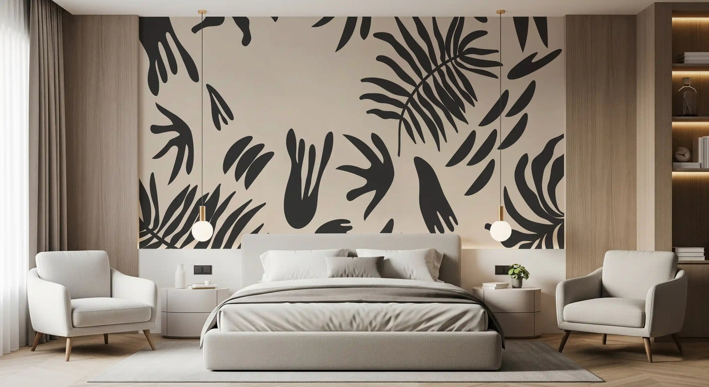 Organic foliage wall mural framing a Bedroom with dark fern shapes