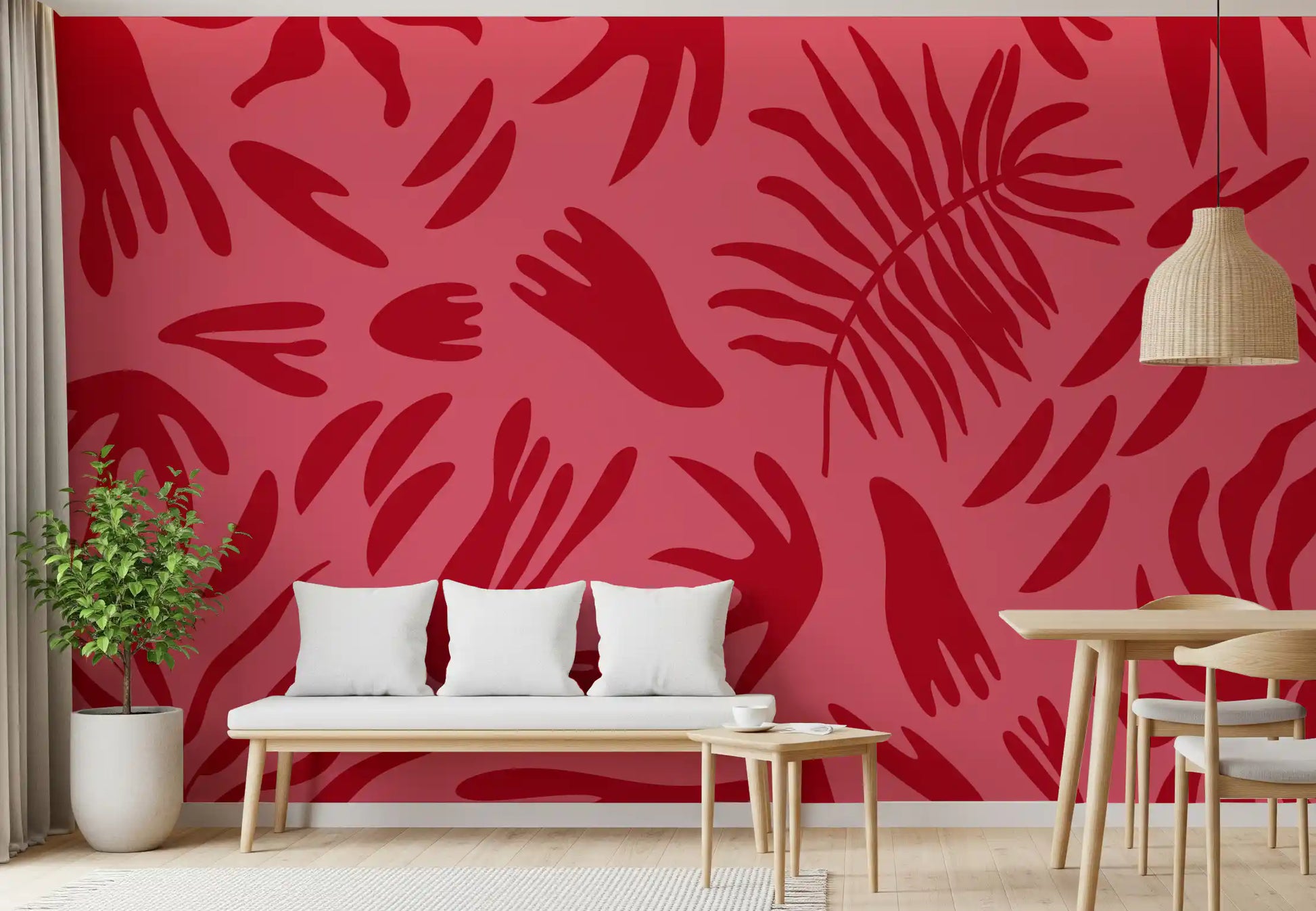 Blush leaf dance wall mural framing a Entryway with soft red fronds
