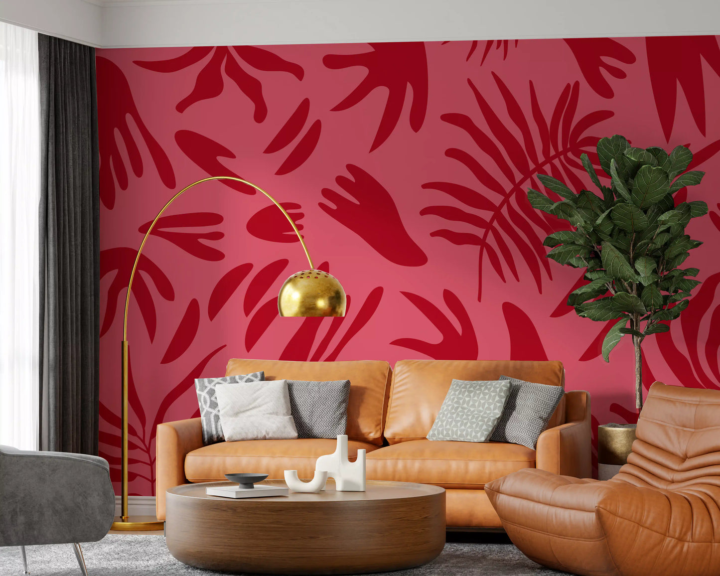Scarlet palm wall mural giving an entryway a lively crimson leaf look