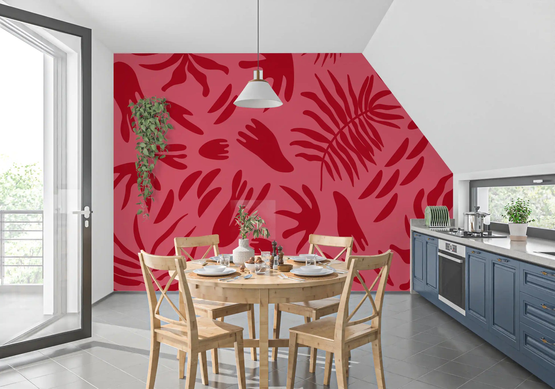 Ruby leaf dance wall mural creating a bold Dining room backdrop
