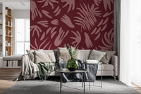 Maroon bloom wall mural featuring abstract botanical silhouettes and depth