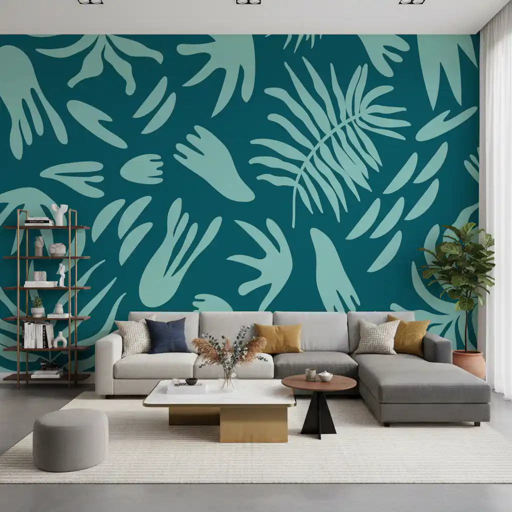 Aqua Leaf Abstract wall mural in a living room with bold teal leaf pattern