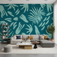 Aqua Leaf Abstract wall mural in a living room with bold teal leaf pattern