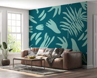 Leaf pattern wall mural for a hallway with teal and aqua tones