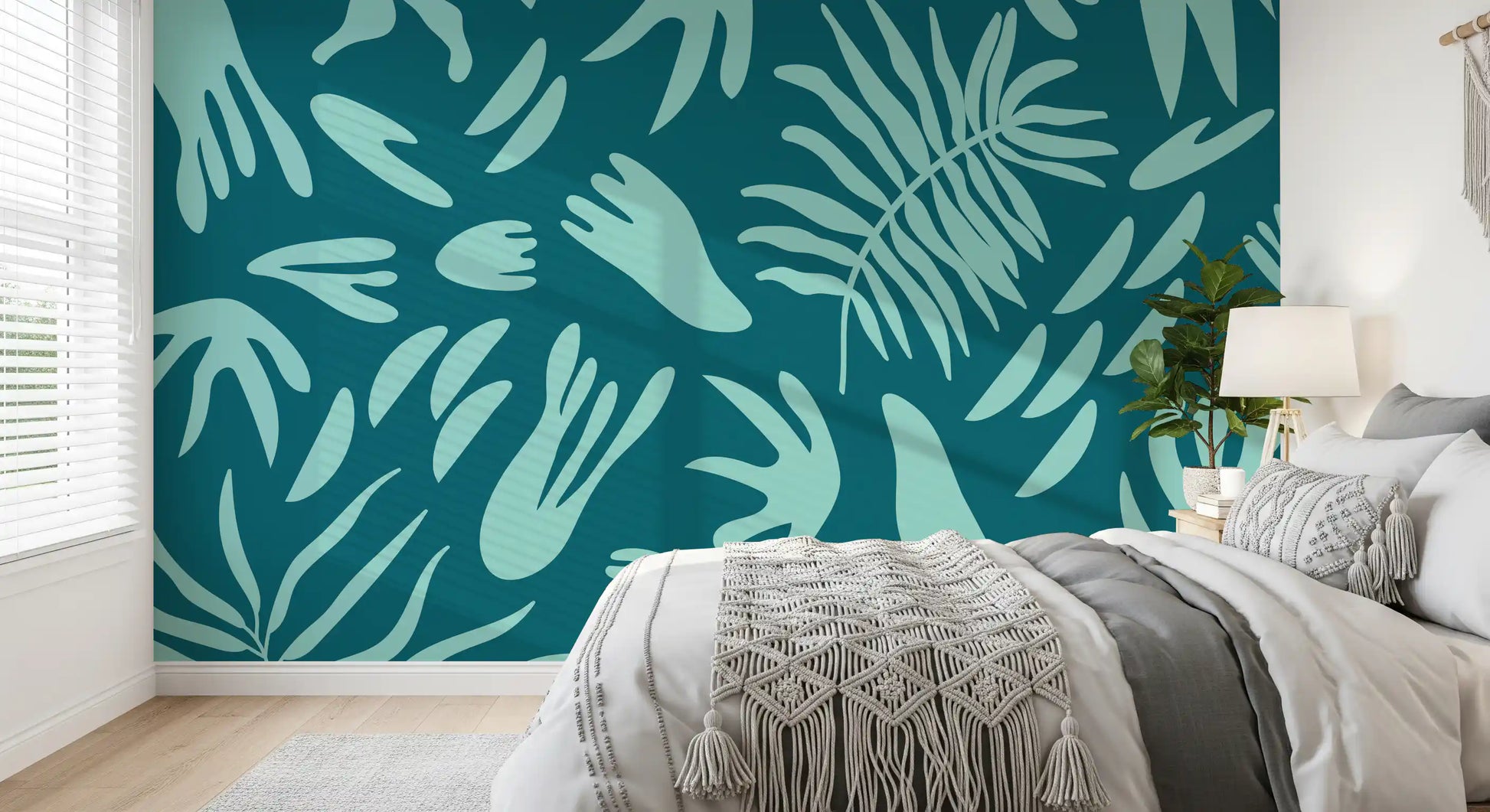 Abstract leaf wall mural with teal background and soft aqua shapes